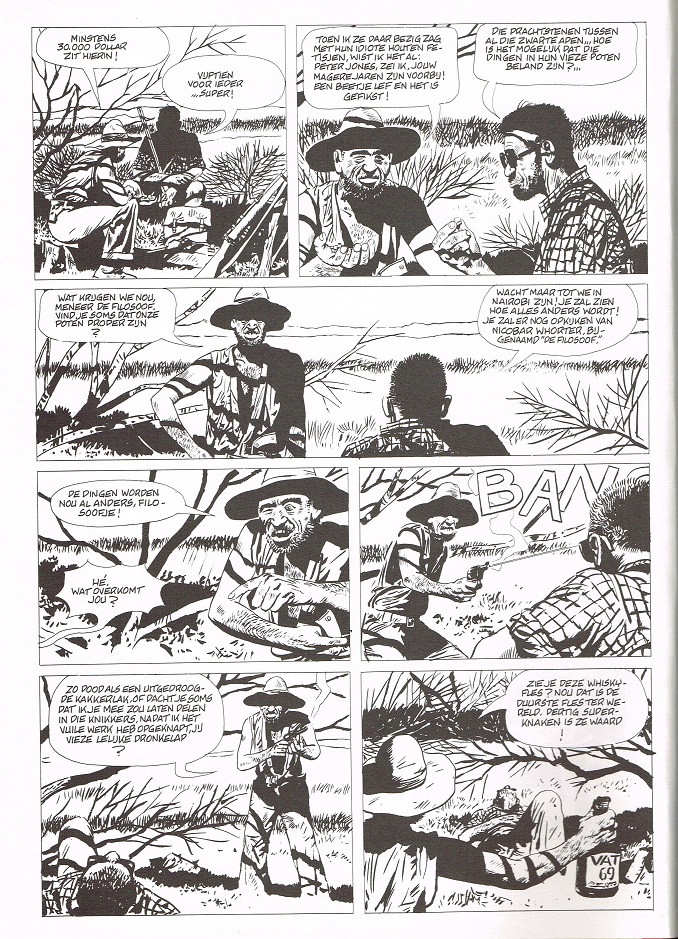 The first page of Mobassa Road shows an African landscape in the background while two shady characters argue in the foreground, all rendered in black and white and plenty of shadows